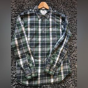 Urban Pipeline Button Up Size L Plaid Green Blue Casual Frayed Hem Epaulets